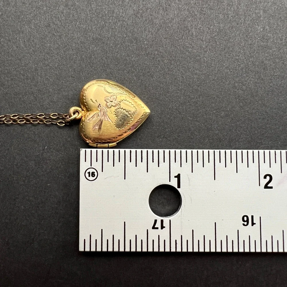 Vintage Gold Filled Heart Locket Necklace Etched Bird Flower 12KT GF 18
